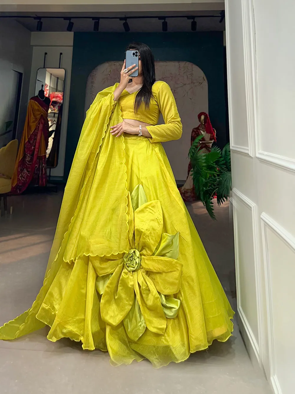 Parrot Pure Rajwadi Chanderi Silk Handmade Flower Lehenga Choli
