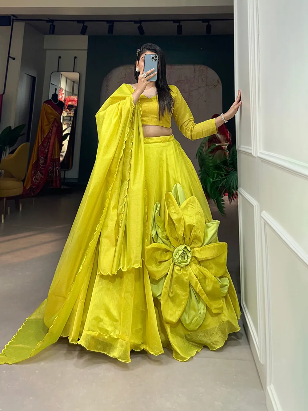 Parrot Pure Rajwadi Chanderi Silk Handmade Flower Lehenga Choli