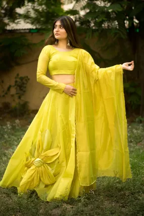 Parrot Pure Rajwadi Chanderi Silk Handmade Flower Lehenga Choli