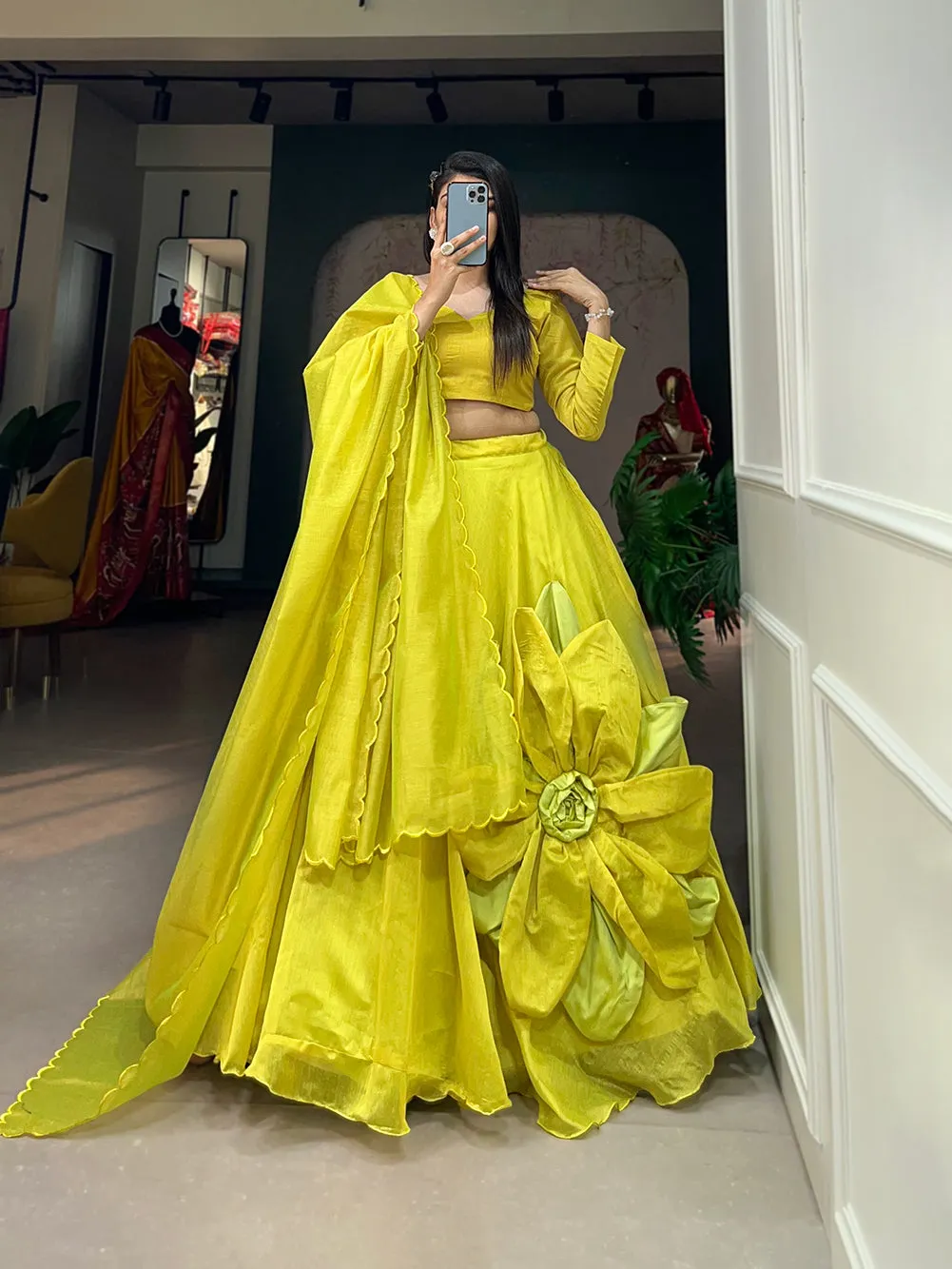 Parrot Pure Rajwadi Chanderi Silk Handmade Flower Lehenga Choli