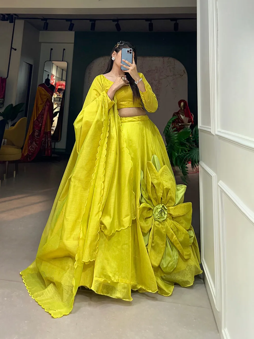Parrot Pure Rajwadi Chanderi Silk Handmade Flower Lehenga Choli