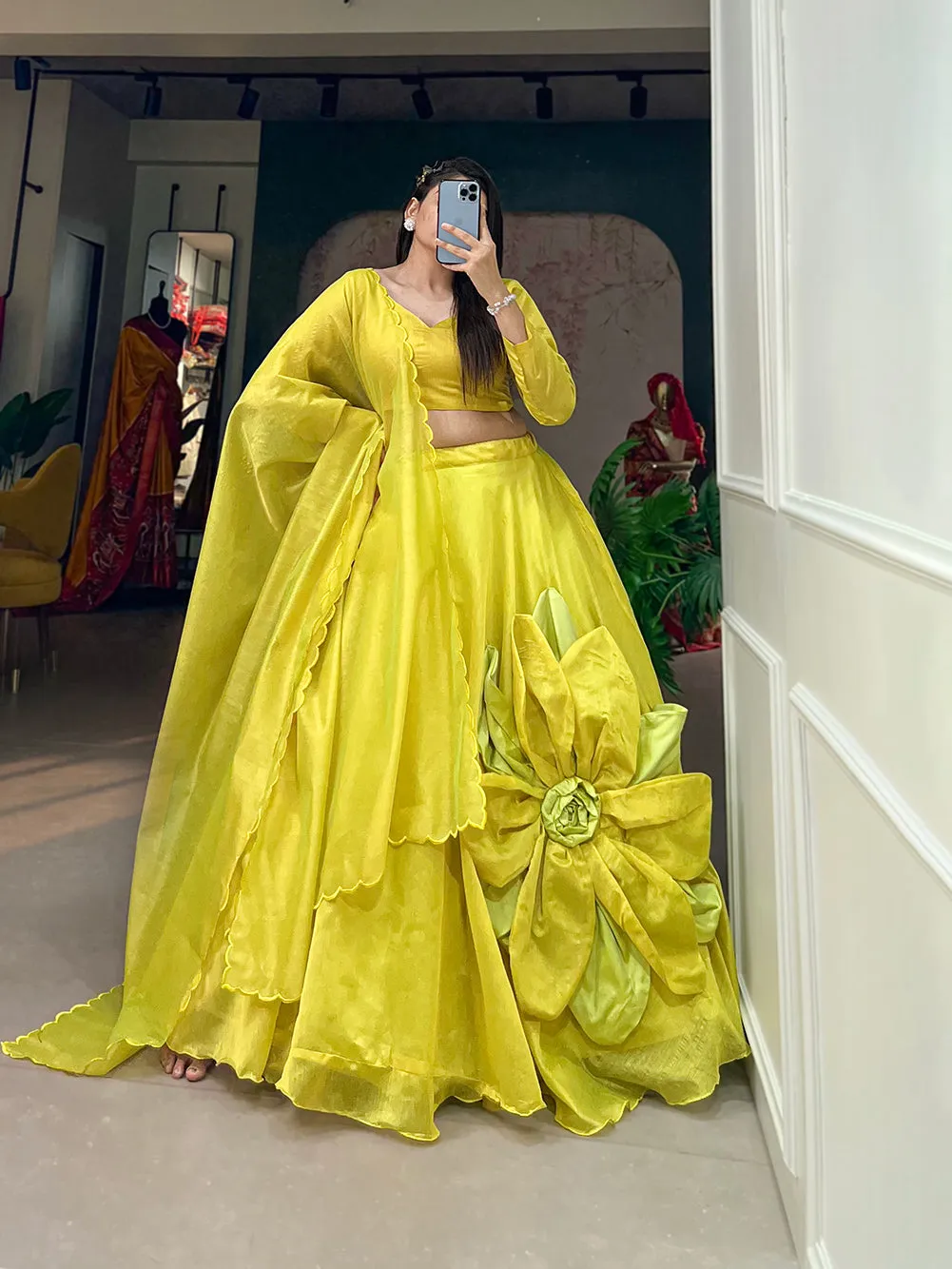 Parrot Pure Rajwadi Chanderi Silk Handmade Flower Lehenga Choli