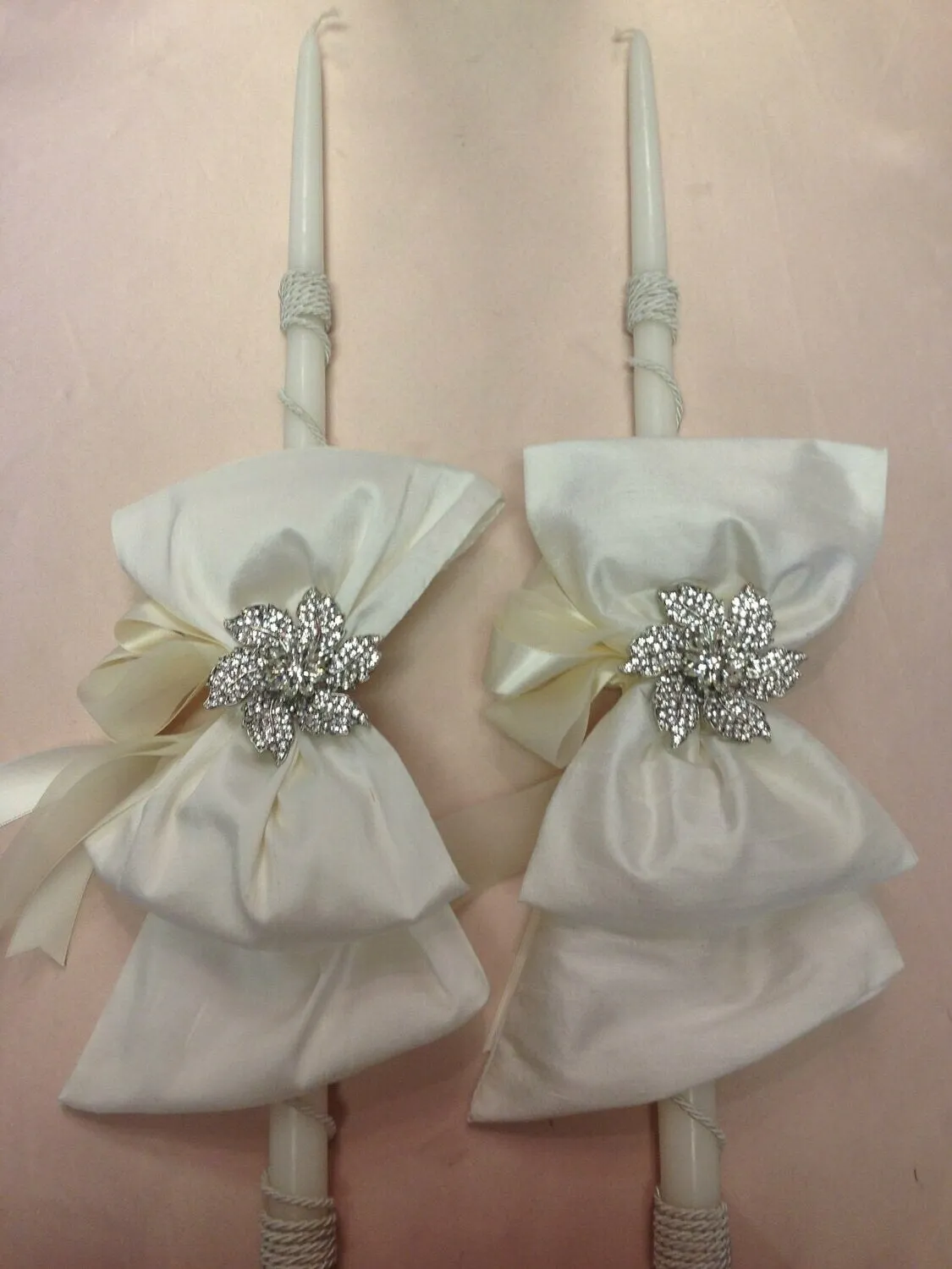 Silk bow and brooch wedding candles