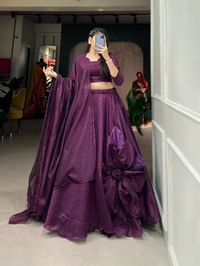 Wine Pure Rajwadi Chanderi Silk Handmade Flower Lehenga Choli