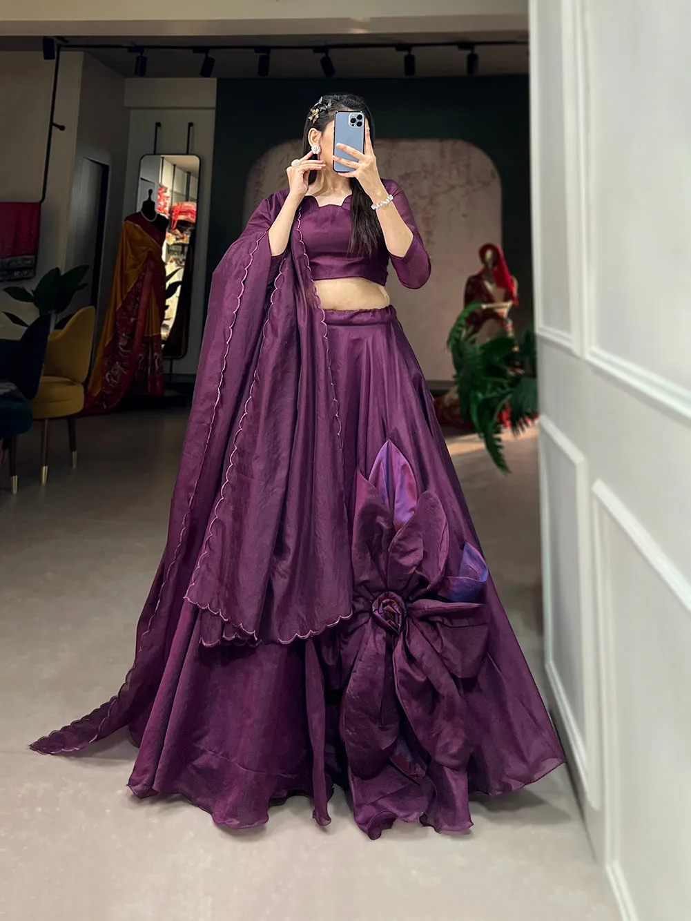 Wine Pure Rajwadi Chanderi Silk Handmade Flower Lehenga Choli