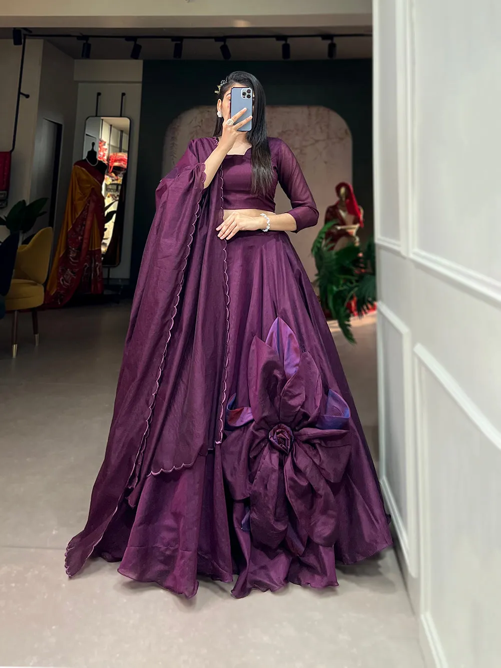 Wine Pure Rajwadi Chanderi Silk Handmade Flower Lehenga Choli