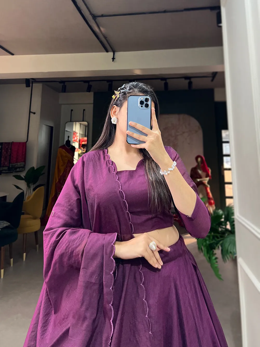 Wine Pure Rajwadi Chanderi Silk Handmade Flower Lehenga Choli