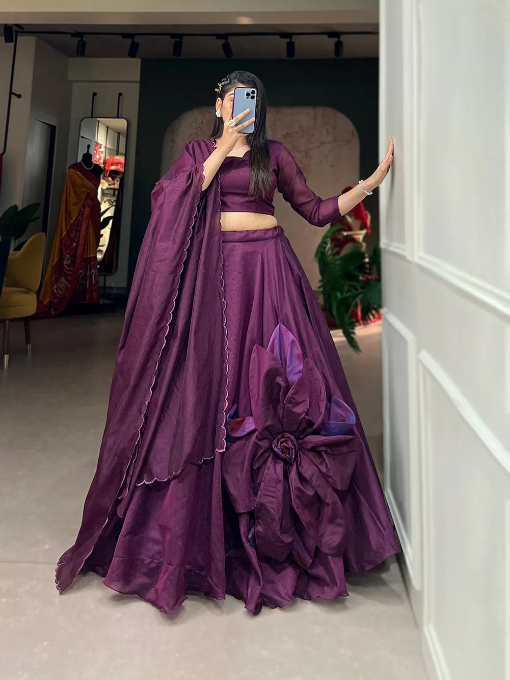 Wine Pure Rajwadi Chanderi Silk Handmade Flower Lehenga Choli