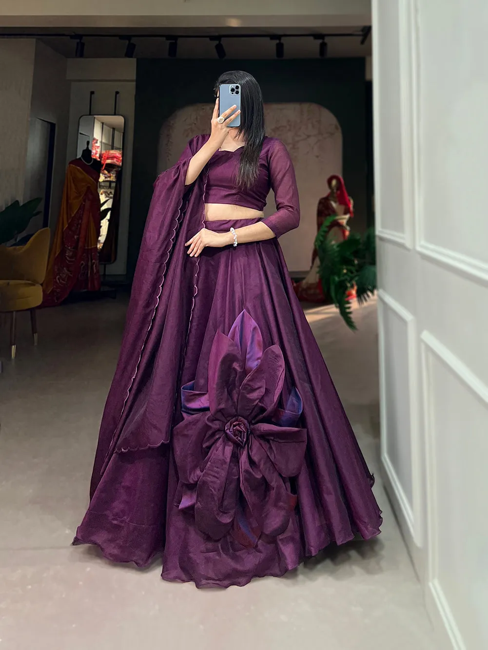 Wine Pure Rajwadi Chanderi Silk Handmade Flower Lehenga Choli